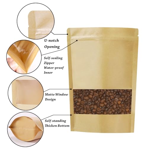 100 PCS Resealable Bags, Stand Up Kraft Paper Bags with Matte Window, Zipper Lock Food Storage Bags for Small Business and Home, 7.8x11.8 Inch Reusable Sealable Bags for Packaging - color: Yellow,7.87*11.81 inches