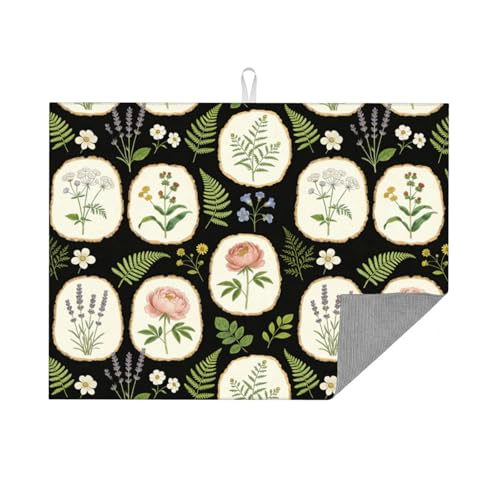 Kitchen Drying Mat for Countertop Vintage Botanical Herbarium Pattern Non-Slip Kitchen Counter Mat for Dishes Glassware - color: Black Green