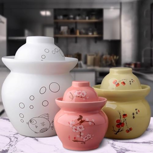 Traditional Chinese Hand Painted Porcelain Fermentation Crock With Water Seal Lid, Ceramic Pickling Jar, 1 Pcs(Blue,3.5kg) - color: Blue, size: 3.5kg