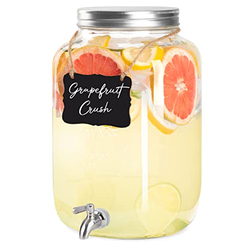 Ilyapa 2 Gallon Drink Dispenser - Wide Mouth Glass Drink Dispenser - 100% Leak Proof Stainless Steel Spigot with Glass Flip Top Lid, for Any Event - size: 2 Gallon