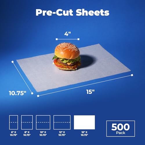 Fit Meal Prep [500 Pack] 15 x 10.75" Wax Paper Sheets for Food, Interfolded Precut Deli Pop Up Grease-Proof Sandwich Paper Wraps, Waterproof for Lunch, Food Basket, Microwave Cover, BBQ - size: 15 x 10.75"