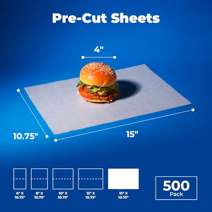 Fit Meal Prep [500 Pack] 15 x 10.75" Wax Paper Sheets for Food, Interfolded Precut Deli Pop Up Grease-Proof Sandwich Paper Wraps, Waterproof for Lunch, Food Basket, Microwave Cover, BBQ - size: 15 x 10.75"