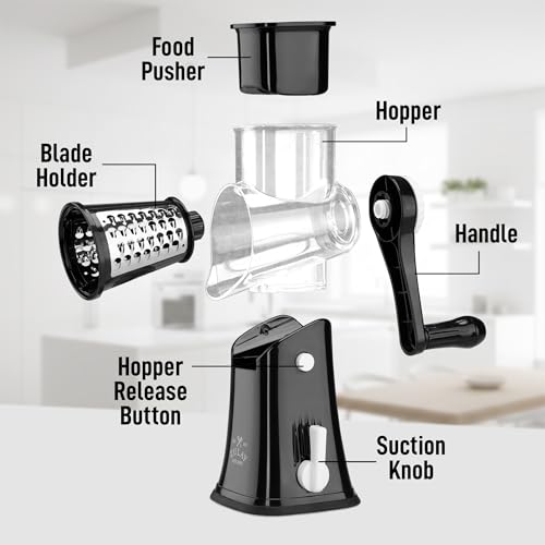 Zulay Kitchen Rotary Cheese Grater 5 Blade Cheese Shredder - Manual Hand Crank Cheese Grater With Reinforced Suction & 5 Interchangeable Drums - Easy to Use, Vegetable Chopper Round Mandoline Slicer - color: Black