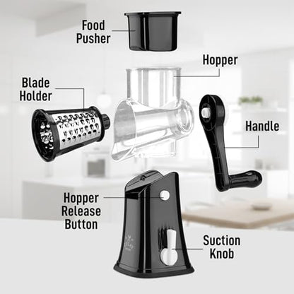 Zulay Kitchen Rotary Cheese Grater 5 Blade Cheese Shredder - Manual Hand Crank Cheese Grater With Reinforced Suction & 5 Interchangeable Drums - Easy to Use, Vegetable Chopper Round Mandoline Slicer - color: Black