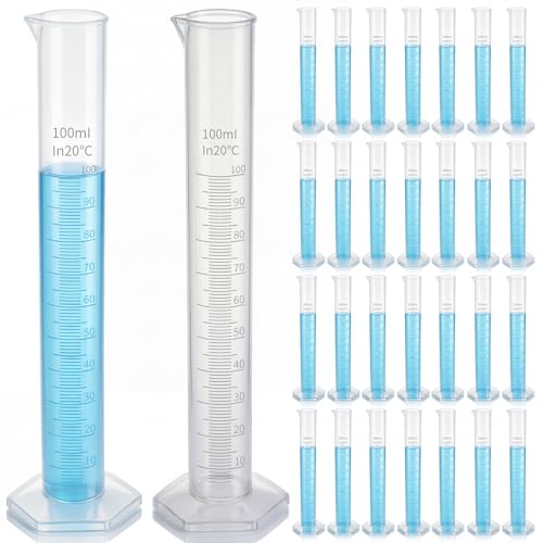 Xuhal 30 Pack 100ml Transparent Plastic Graduated Cylinder Bulk, Measuring Cylinder Set 2-sided Marking Clear Plastic Lab Cylinders Science Measuring Cylinders Spour Spout for Science Laboratory Use