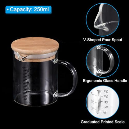 PATIKIL 250ml Glass Measuring Cup, 3.3 Borosilicate Glass Graduated Black Printed Scale Liquid Measure Cups Beaker with Wood Lid and V-Shaped Spout for Kitchen