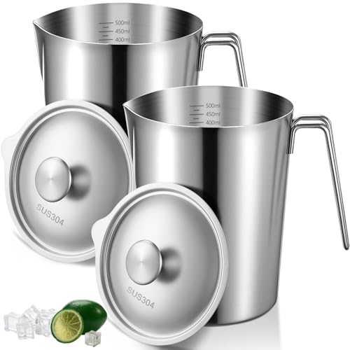 2 Pcs 0.5 L/16 oz Large Stainless Steel Pitcher with Lid, Metal Measuring Cup, Large Mouth Graduated Beakers with Handle, Milk Frothing Jug for Espresso Machine, Latte Art, Hot/cold Water - size: 0.5 L/16 oz
