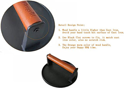 Firsgrill 2-Pack Burger Press 7.08" Round,Heavy-Duty Cast Iron Smash Burger Press Meat Steak with Wood Handle for Blackstone Camp Chef Pitboss Weber Griddle Grills (2 Round) - size: 2 Round