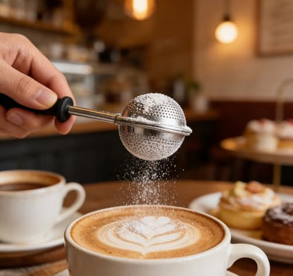 Stainless Steel Tea Strainer for Loose Tea with Silicone Good Grip Long Handle, Fine Mesh Tea Infuser Ball Dusting Wand for Flour n Sugar