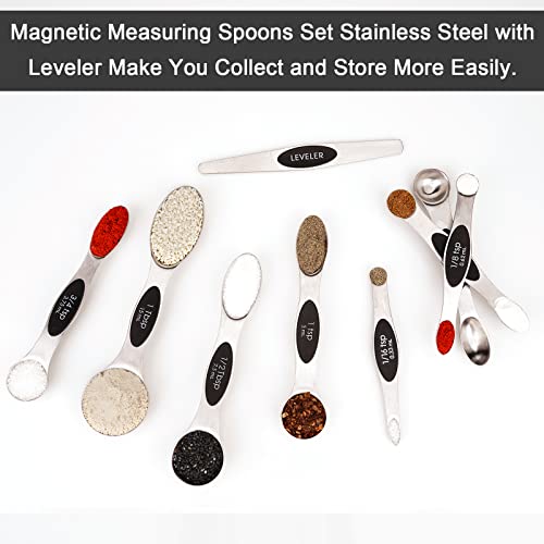 Aovchei 9 PCS Magnetic Measuring Spoons Set, Dual Sided, Stainless Steel Small Tablespoon, Teaspoons, Fits in Spice Jars, for Dry and Liquid, Black - size: 9pcs-black