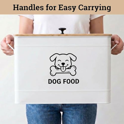 Dog Food Container Airtight 15 lb (50 Cup) Capacity with Metal Scoop - Cute Airtight Dog Food Storage Container with Bamboo Lid - White Metal Kibble Storage Bin for Dogs up to 100 lbs - Big Pet Jar - color: White