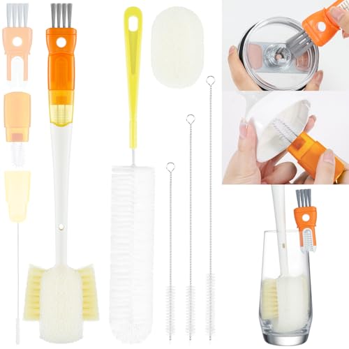 OUTXE 6 Pack Bottle Brush Set, 5-in-1 Water Bottle Cleaner Brush, 14" Long Handle Bottle Cleaning Brush, 3 Straw Brush, Removable Nipple Detail Brush for Cup Lid Gap, with Replecement Sponge - color: Orange, size: 6 Pack