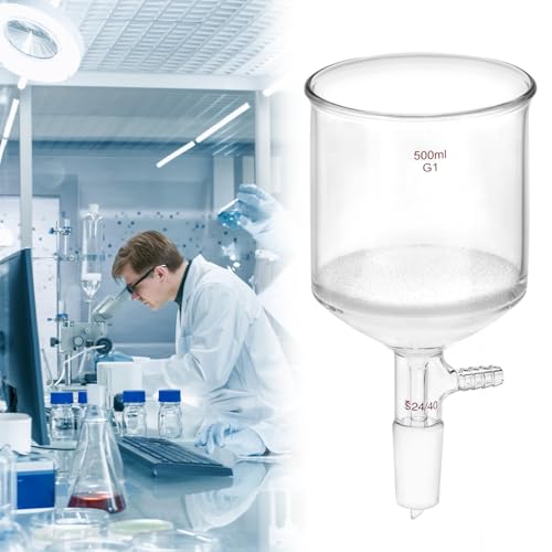 QWORK 500ml Filtering Buchner Funnel Medium Frit (G1) Lab Glassware with Standard 24/40 Joint and Vacuum Serrated Tubulation, 94mm I.D