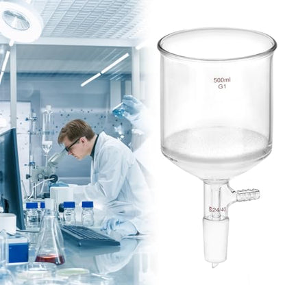 QWORK 500ml Filtering Buchner Funnel Medium Frit (G1) Lab Glassware with Standard 24/40 Joint and Vacuum Serrated Tubulation, 94mm I.D