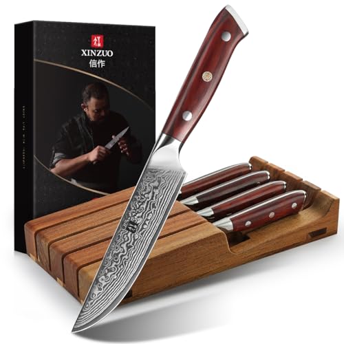 XINZUO 5Pcs Steak Knives Set, Non Serrated Dinner Knives with Drawer Knife Holder,67-layer Damascus Steel Kitchen Knife with Rose Wood Handle, Acacia Wood Knife Block - size: 4.9"