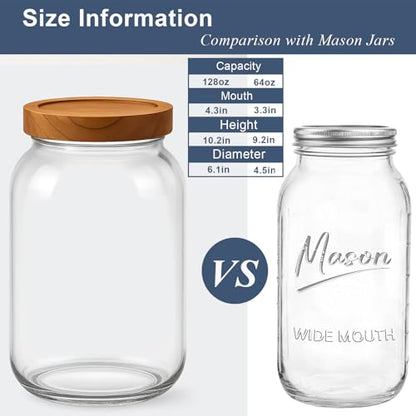 2 Pack Glass Flour Sugar Storage Containers with Acacia Wooden Lid, 1 Gallon Glass Jars with Airtight Lid, Wide Mouth Large Mason Jars 128oz for Rice, Pasta, Oats, Coffee Storage - size: Large