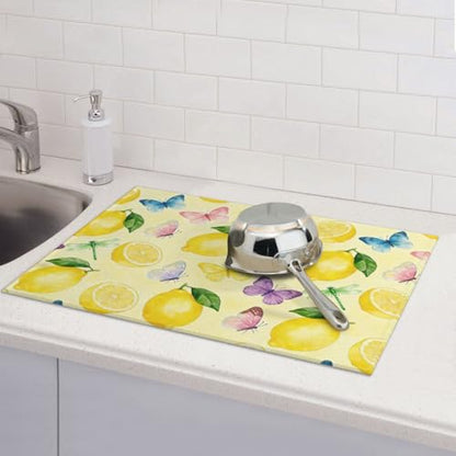 Kitchen Drying Mat for Countertop Fresh Lemon Butterfly Garden Pattern Non-Slip Kitchen Counter Mat for Dishes Glassware - color: Yellow Soft Green
