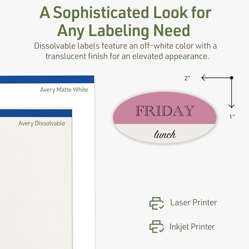 Avery Dissolvable Oval Labels, Sure Feed Technology, 1" x 2", Matte White, Print-to-The-Edge, Laser/Inkjet Printable, 240 Labels Total - style: 240 labels