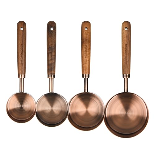 Copper Measuring Cups & Spoons Set 8, Stainless Steel Measuring Cups and Spoons Set for Baking and Kitchen, Metric & US Metal Measure Cup & Spoon with Wood Handle for Dry & Liquid - color: Copper