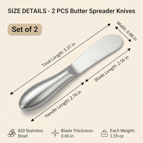 2PCS Stainless Steel Butter Knife Set, Multipurpose Butter Spreader Knife for Cold Butter, Cream Cheese, Jam, Pastry, Charcuterie Board and Kitchen Food Prep