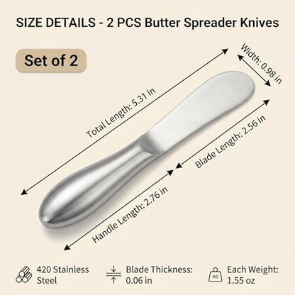 2PCS Stainless Steel Butter Knife Set, Multipurpose Butter Spreader Knife for Cold Butter, Cream Cheese, Jam, Pastry, Charcuterie Board and Kitchen Food Prep
