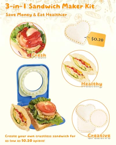 3-in-1 Uncrustable Sandwich Maker - Heart/Circle/Square Crustless Sandwich Cutter & Sealer for Kids' Lunch, Breakfast & Lunchboxes | BPA-Free Uncrustable Press,Easy Clean(3-Shape Blue) - color: 3-Shape Blue