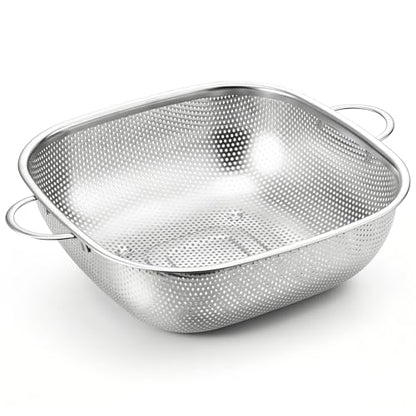 E-far 6QT Stainless Steel Colander with Handle - Square Metal Kitchen Strainer for Pasta & Vegetable Draining, Micro-Perforated & Elevated Feet, Dishwasher Safe - size: 6QT