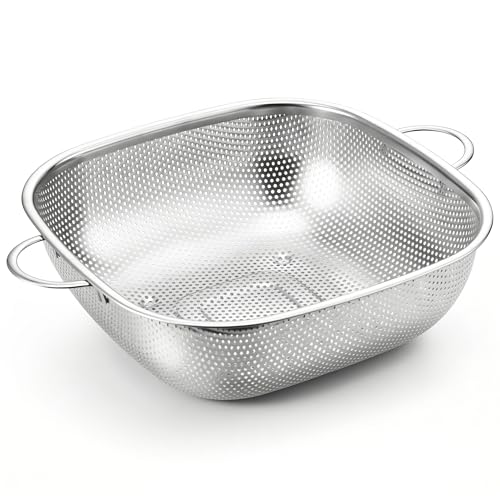 E-far 6QT Stainless Steel Colander with Handle - Square Metal Kitchen Strainer for Pasta & Vegetable Draining, Micro-Perforated & Elevated Feet, Dishwasher Safe - size: 6QT