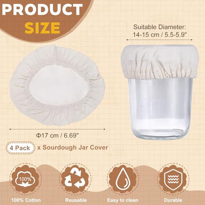 uxcell 4Pcs Sourdough Jar Cover, 170mm Wide Sourdough Starter Jar Covers Cloth Reusable Breathable Cotton Container Elastic Top Fermentation Lids for 5.5"-5.9"D Bowl & Jar Mouth, Beige - size: 170mm 5.5"-5.9"