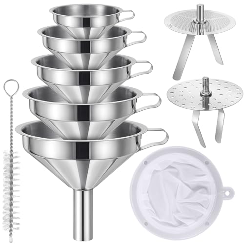 9 Pack Stainless Steel Kitchen Funnel Set, Including 5 Sizes of Kitchen Funnels with Handle, 2 Removable Strainers, 200 Mesh Food Filter, and 1 Cleaning Brush, for Transferring Liquid Filling Bottles