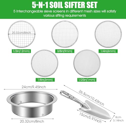 Soil Sieve Set Garden Soil Sifter Stainless Steel Mesh Sifter, 5 Sieve Set for Gardening with 8" Diameter 1/3/6/9/12mm Interchangeable Meshes, Includes Shovel for Potting, Planting
