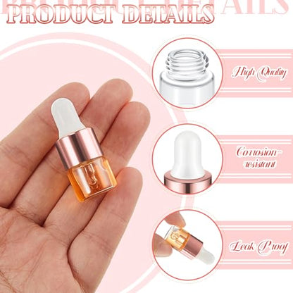 Didaey 100 Pcs 1/2/3/5/10/15 ml Mini Glass Oil Dropper Bottle Bulk, Clear Essential Small Empty Bottles Sample Containers Perfume Liquid Vials with Cap for Traveling (1 ml,Rose Gold) - color: Rose Gold, size: 1 ml