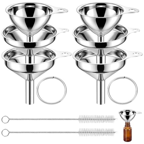 Mifoci 6 Pcs Stainless Steel Funnels for Kitchen Use Filling Bottles 3 Sizes Mini Metal Funnels Food Grade for Liquids, Oils, Powders & Spices Includes 2 Cleaning Brushes Hanging Rings Easy Storage