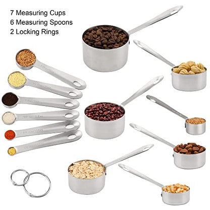 Measuring Cups and Spoons Set, 18/8 Stainless Steel Measuring Cups and Spoons, Metric & US Metal 7 Kitchen Measure Cups & 6 Measuring Spoons, Baking Measuring Tools Set 13