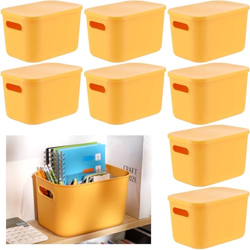 Hoolerry 8 Pieces Colorful Storage Bins with Lid, Plastic Storage Basket Organizing Container Stackable Box with Handle for Shelves Desktop Playroom Office(10.2 x 7 x 6.3 Inch,Yellow) - color: Yellow, size: 10.2 x 7 x 6.3 Inch