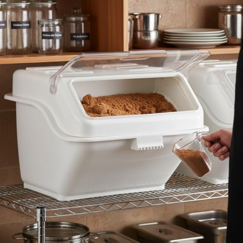 TrueCraftware- 10 Gallon Shelf Ingredient Bin (150 Cups) White Storage Container with Clear Flip Top Lid &Measuring Scoop-Stackable Plastic Food Pantry Organizer for Flour Sugar - size: 10 Gallon