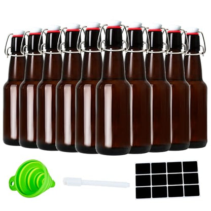 12oz Amber Glass Beer Bottles with Flip Top Airtight Lids, 10 Pack Swinging Top Home Brewing Bottles for Kombucha, Vanilla Extract, Kefir, Juice, Wine, Fermentation