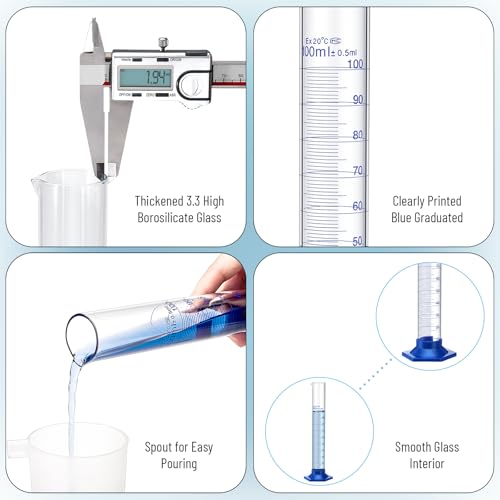 3 Pack 100 ml Graduated Cylinder, Clear Measuring Cylinder Set, Borosilicate 3.3 Glass with Plastic Base and Cylinder Brush, for Liquid Lab Shool