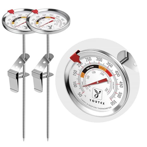 2-Pack Candy Thermometer with Pot Clip - Oil Thermometer for Frying, Upgraded 2.5" Waterproof Dial, Tip-Resistant Clip, Temp Marker & 8" Probe for Deep Frying & Candy Making
