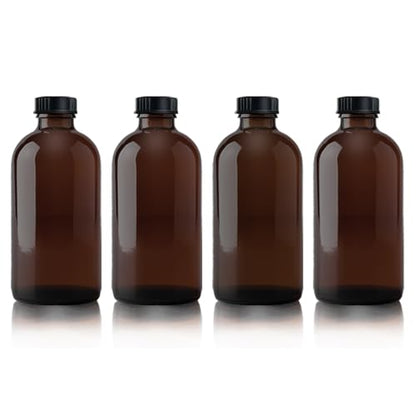 4Pcs 16 oz Amber Glass Bottle Brown Round Bottles with Caps, for Vanilla Extract Homemade, for Syrup Gift Glass Food Storage Canister Set, Sauce Beans, Essential Oil - color: 16 Ounce