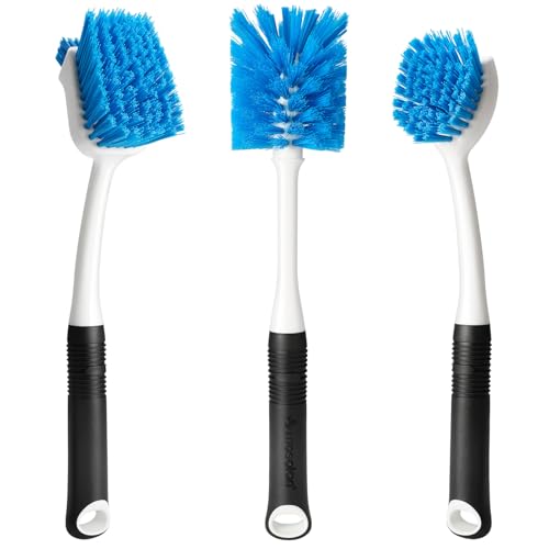 MOSOLAN Dish Brush Set of 3 with Water Bottle Brush, Dish Scrub Brush and Scrubber Brush, Long Handle Kitchen Scrub Brushes for Dishes, Bottles, Cups, Pots, Pans and Sinks, Flat Head - style: Flat Head