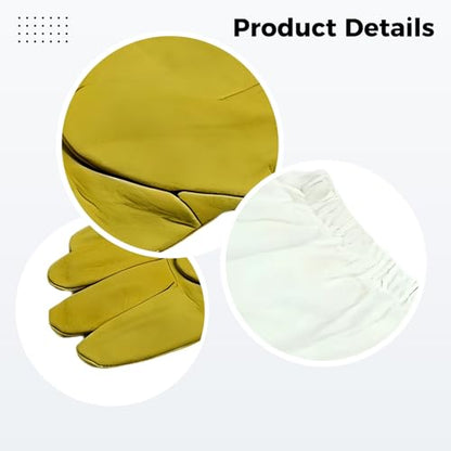 Sheepskin Leather Beekeeper's Glove, Long Canvas Sleeve Beekeeping Gloves, Yellow and White, Beekeeper's Tool for Hive Work, 11.8 in / 30 cm Sleeve Coverage