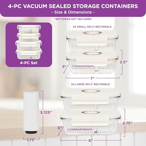 HOLDN’ STORAGE Vacuum Food Storage Containers, Set of 4 Compartment Containers & Electronic Pump - Keep Food Fresh Longer, BPA-Free Glass, Leak-Proof, Ideal for Meal Prep, Marinating - size: Set of 4 Compartment: Electronic Pump