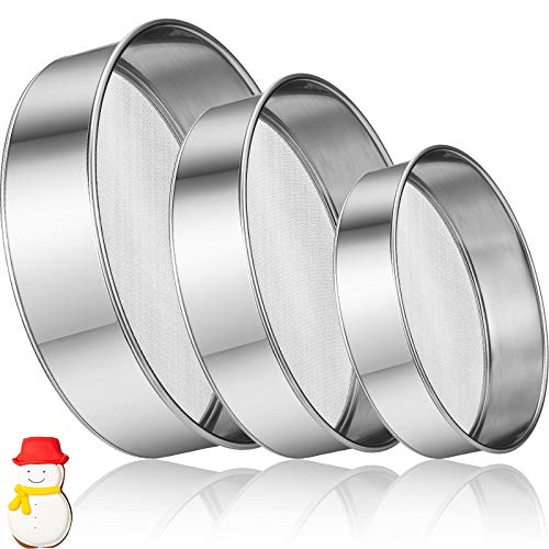 Patelai 3 Pcs Stainless Steel Round Flour Sifter Sieve Fine Mesh for Bake Decorate Cakes, Pies, Pastries, Cupcakes (6 Inch and 8 Inch 60 Mesh,7 Inch 40 Mesh) - size: 6 Inch and 8 Inch 60 Mesh,7 Inch 40 Mesh