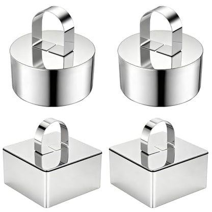4 Pack Food Molds Set, 3.15-Inch Cake Ring Mold, Stainless Steel Cooking Rings for Food Decor (2 Round Rings+2 Square Rings) - size: 3.15In-2 Round+2 Square