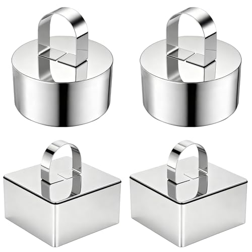 4 Pack Food Molds Set, 3.15-Inch Cake Ring Mold, Stainless Steel Cooking Rings for Food Decor (2 Round Rings+2 Square Rings) - size: 3.15In-2 Round+2 Square