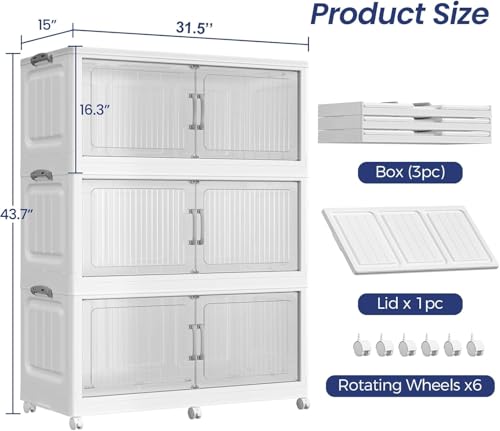 Extra Large Stackable Storage Bins with Lid, 120Gal/480QT Foldable Collapsible Storage Box with Doors, Wheels and Drawers, Plastic Closet Organizer Container for Kitchen, Bedroom, Dorm, 3Pack - size: 40Gal-3Pack
