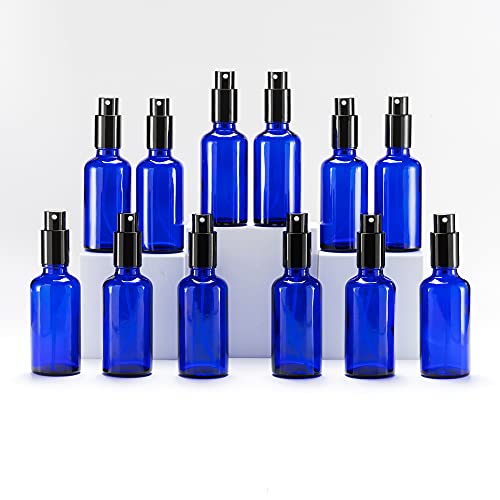 YIZHAO Blue Glass Spray Bottles 2oz, with Small Fine Mist Spray, Metal Cap, Refillable for Essential Oil,Travel,Cleaning,Perfume,Aromatherapy,Makeup – 12 Pcs - color: Blue, size: 50ml-12