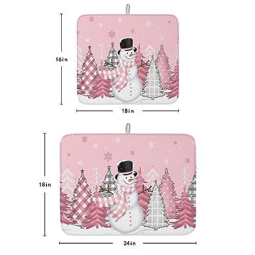 Pink Snowman Christmas Dish Drying Mat for Kitchen Counter, Microfiber Rack Pads, Winter Snowflake Pink Grey Xmas Tree Absorbent Dish Bottle Drying Mat, 18''x24'', 1 Pack - size: 1PCS-18x24in
