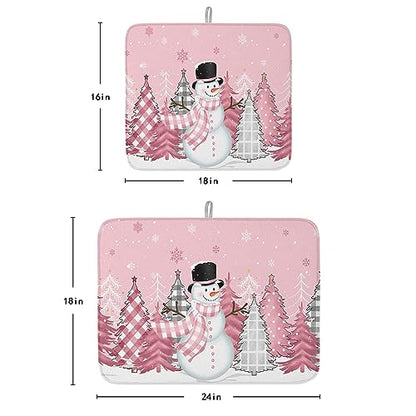 Pink Snowman Christmas Dish Drying Mat for Kitchen Counter, Microfiber Rack Pads, Winter Snowflake Pink Grey Xmas Tree Absorbent Dish Bottle Drying Mat, 18''x24'', 2 Pack - size: 2PCS-18x24in